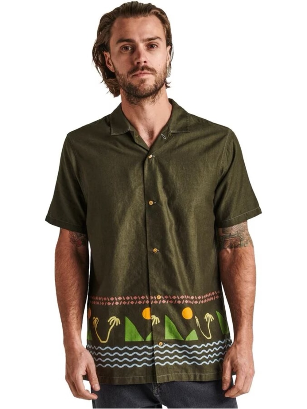 Roark Gonzo Island Time Shirt Mens M Dark Military Green Linen Camp Collar